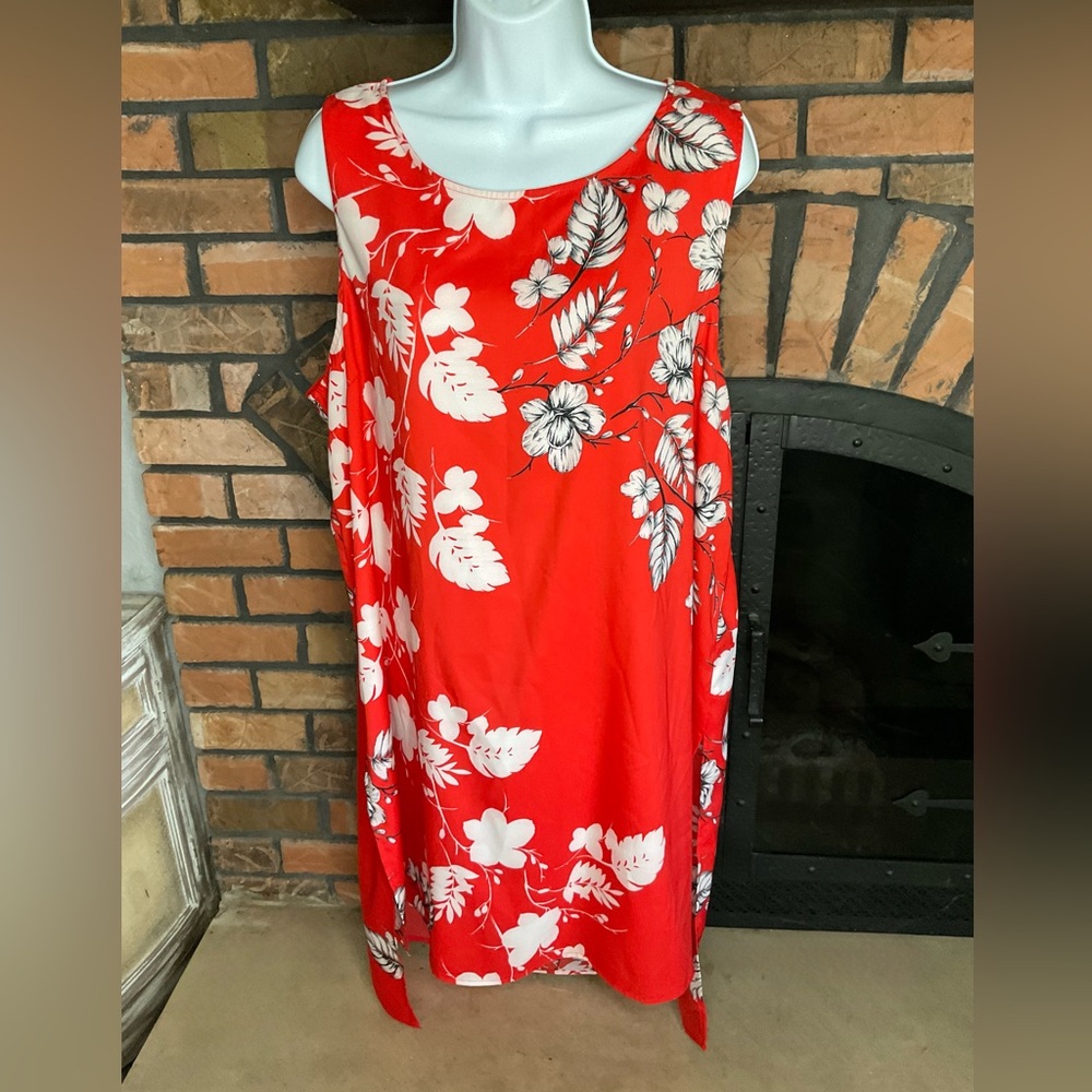 Vince Camuto high/low beach cover/dress sleeveless XL red hot tropical print